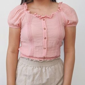 Pink Puff Sleeve Peasant Top
